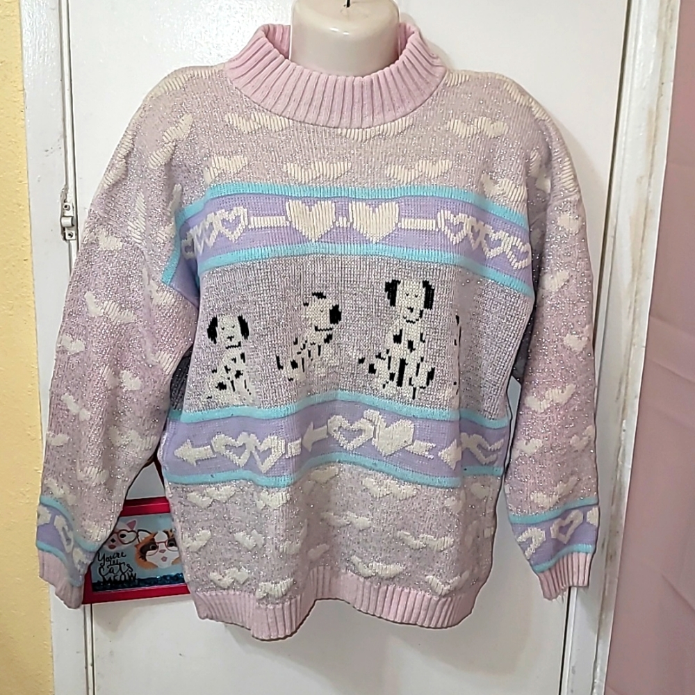 Adele knitwear vintage sweater dalmatian design hearts all over print htf B26